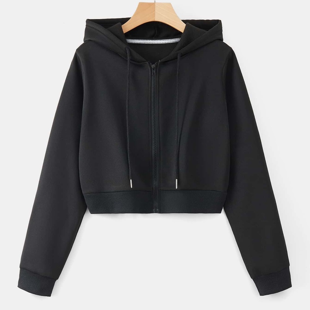 Black Hooded Zip-Up Women's Top